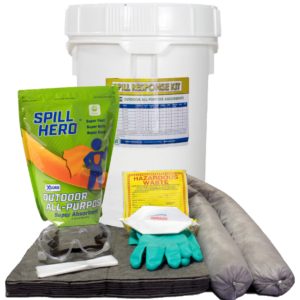 Spill Hero Spill kit in 6.5 gallon bucket with 6 quart bag of outdoor absorbent