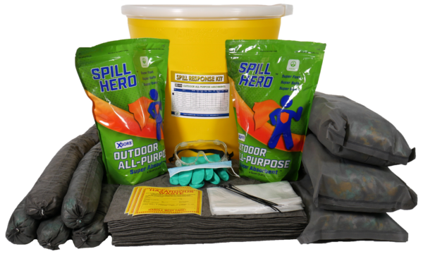 Spill Hero Spill kit in a 20 gallon plastic drum.