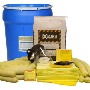 Caustic spill kit with XSORB caustic neutralizing absorbent in 30 Gallon Drum