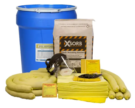 Caustic spill kit with XSORB caustic neutralizing absorbent in 30 Gallon Drum