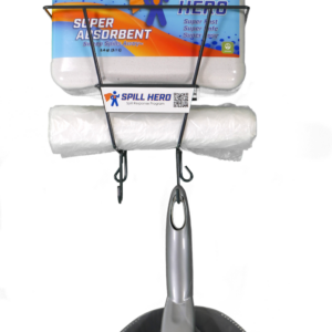 Spill Hero Spill Station with wall mount wire rack, dustpan, brush, absorbent, and disposal bags