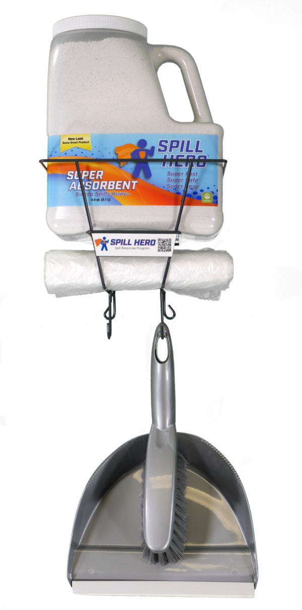 Spill Hero Spill Station with wall mount wire rack, dustpan, brush, absorbent, and disposal bags