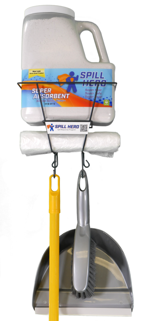 Spill Hero Spill Station with wall mount wire rack, Long handled broom, dustpan, brush, absorbent, and disposal bags