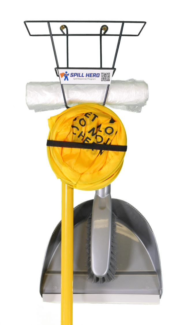 Spill Hero Spill Station Wire Rack with pop up cone, dustpan brush, long handled broom, roll of disposal bags