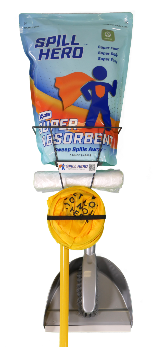 Spill Hero Spill Station with six quart bag of absorbent, pop up cone and Spill Response Tools